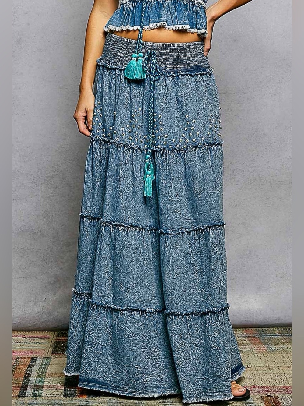 POL Bohemian Tiered Denim Maxi Length Smocked Waist Beaded Skirt - Picture 3 of 10